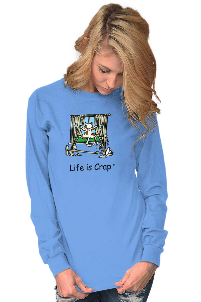Cat On Curtains Long Sleeve Tee-Direct To Garment Print-Life Is Crap