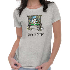 Cat On Curtains Ladies T-Shirt-Direct To Garment Print-Life Is Crap